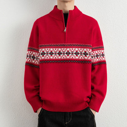 Men's Casual Ethnic Jacquard Stand Collar Half-Zip Knit Sweater