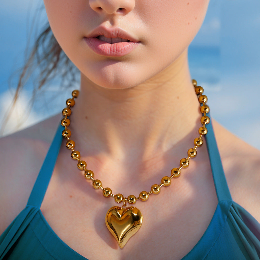 Exaggerated bead chain 18K gold heart pendant necklace