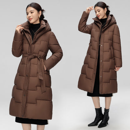 Women's  Wave Stitching Padded Jacket Hooded Mid-length Over-knee Coat