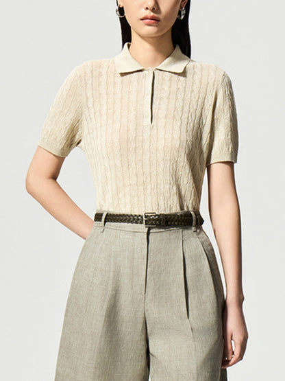 Vintage Preppy Style Polo Neck Linen Knit Short Sleeve
