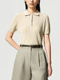 Vintage Preppy Style Polo Neck Linen Knit Short Sleeve