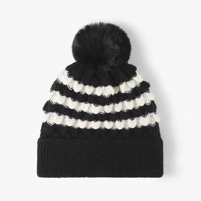 Striped contrast knit hat with pom-pom - view 3