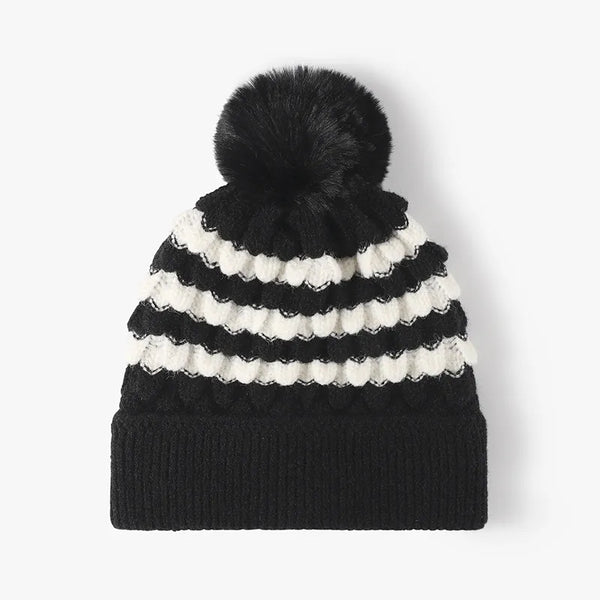 Striped contrast knit hat with pom-pom - view 3