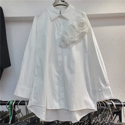 Fashion Women's Three-dimensional Flower T-shirts Loose Casual Long Sleeved Solid Color Tops Female  Autumn