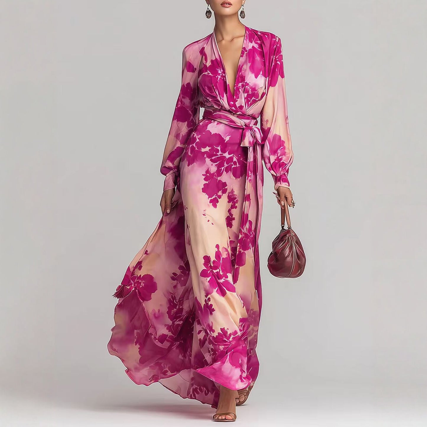 Printed Chiffon Long Sleeve V-Neck Tie-Up Dress
