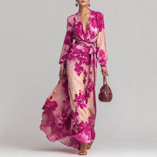 Printed Chiffon Long Sleeve V-Neck Tie-Up Dress