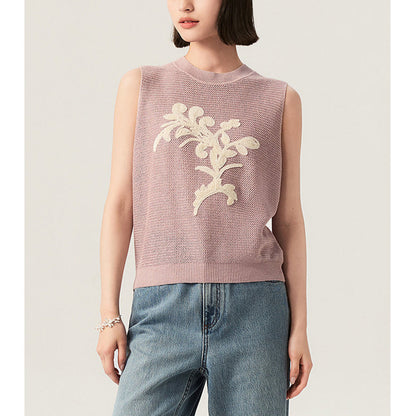Lightweight Knit Sleeveless Top with Embroidery and Color-block Pattern, Elegant Summer Style