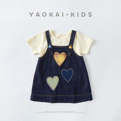 Denim Solid Color Short Sleeve Two-Piece Outfit