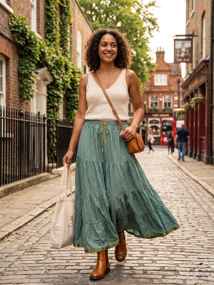 Blackfever Women's Sage Green Maxi Skirt - 100% Cotton with Gold Print