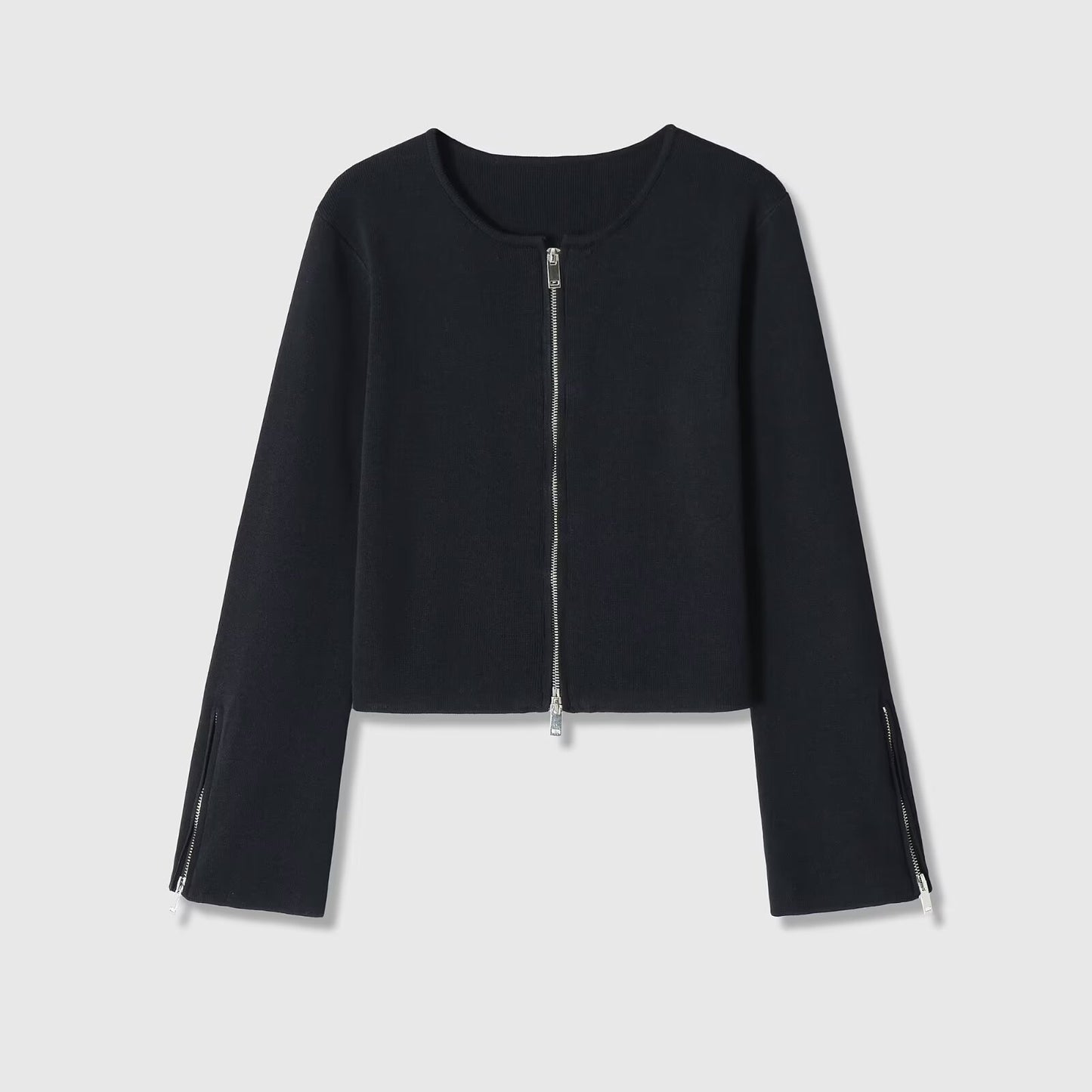 Retro style long sleeved round neck zipper jacket