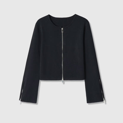 Retro style long sleeved round neck zipper jacket