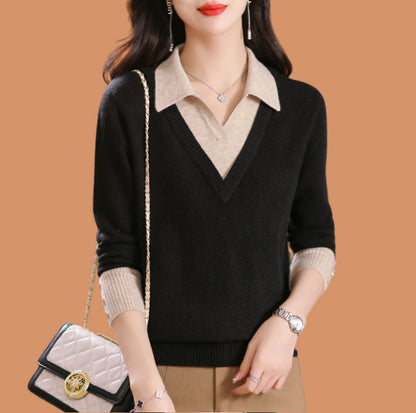 Fake two woolen sweaters women's color blocked base sweater