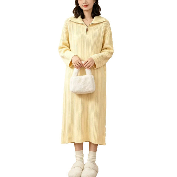 Half zip lapel knitted dress for women