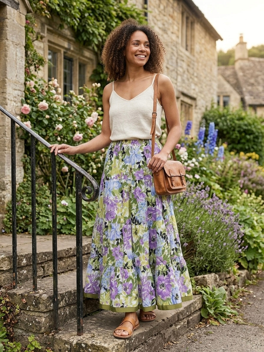 Blackfever Women's Purple & Green Floral Tiered Maxi Skirt - 100% Cotton