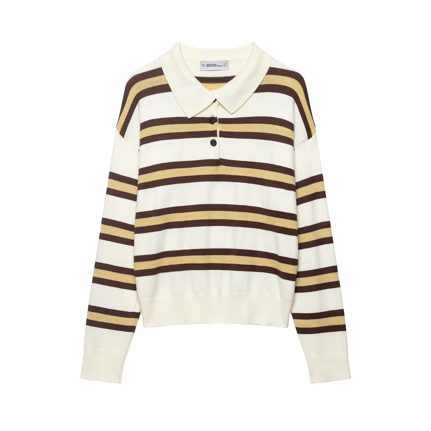 Loose contrasting striped polo shirt collar pullover knit sweater