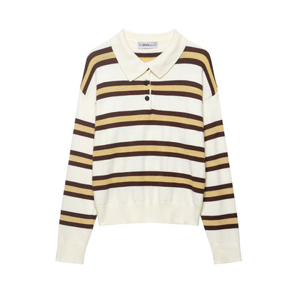 Loose contrasting striped polo shirt collar pullover knit sweater