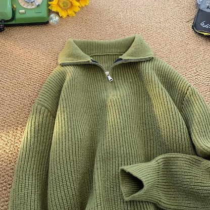 Men's Solid Color Half Zip Turtleneck Long Sleeve Knit Sweater