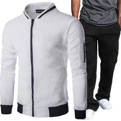 Casual Plaid Zip-Up Fleece-Lined Cargo Jacket and Pants Set