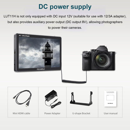 FEELWORLD LUT11H 10.1 Inch Ultra Bright 2000nit DSLR Camera Field Monitor Touch Screen 4K HDMI F970 External Power and Install Kit (AU Plug)