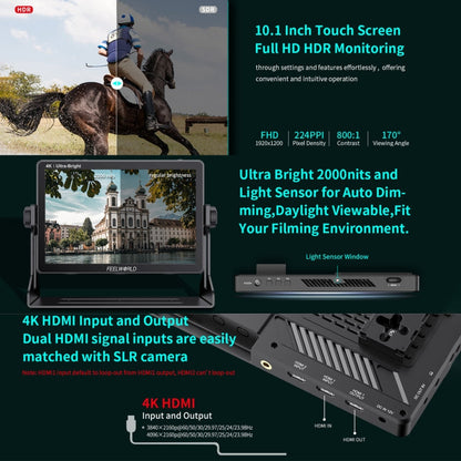 FEELWORLD LUT11H 10.1 Inch Ultra Bright 2000nit DSLR Camera Field Monitor Touch Screen 4K HDMI F970 External Power and Install Kit (AU Plug)