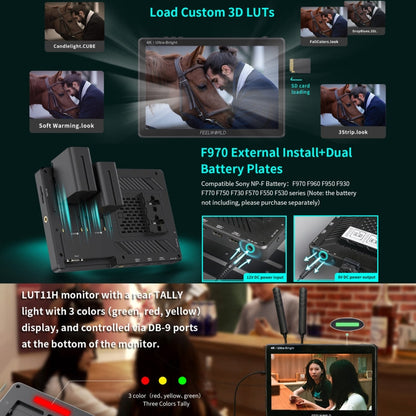FEELWORLD LUT11H 10.1 Inch Ultra Bright 2000nit DSLR Camera Field Monitor Touch Screen 4K HDMI F970 External Power and Install Kit (AU Plug)
