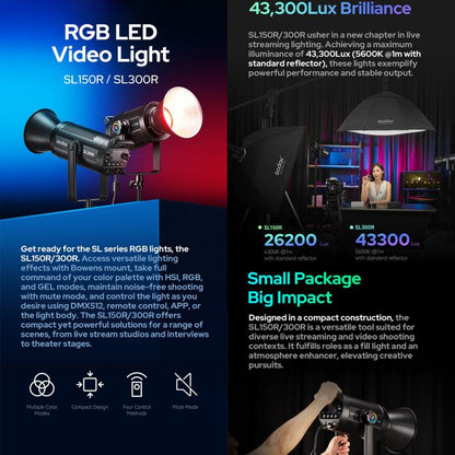 Godox SL150R RGB LED Video Light 165W CRI/TLCI 97+ COB Monolight Bowens Mount Studio Photo Light (AU Plug)
