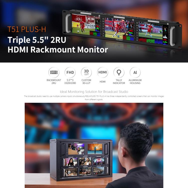 FEELWORLD T51 PLUS-H Triple 5.5 inch 2RU Rackmount Monitor Full HD 4K HDMI SDI AV Monitor (EU Plug)