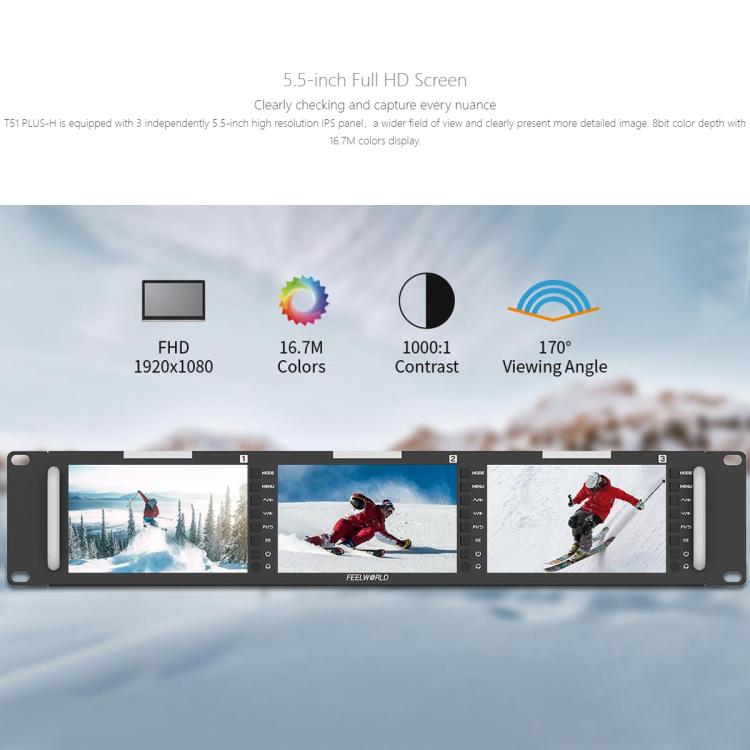 FEELWORLD T51 PLUS-H Triple 5.5 inch 2RU Rackmount Monitor Full HD 4K HDMI SDI AV Monitor (UK Plug)