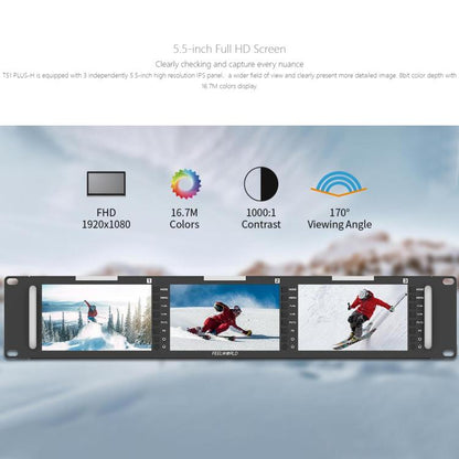FEELWORLD T51 PLUS-H Triple 5.5 inch 2RU Rackmount Monitor Full HD 4K HDMI SDI AV Monitor (UK Plug)