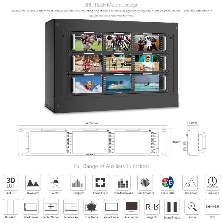 FEELWORLD T51 PLUS-H Triple 5.5 inch 2RU Rackmount Monitor Full HD 4K HDMI SDI AV Monitor (EU Plug)