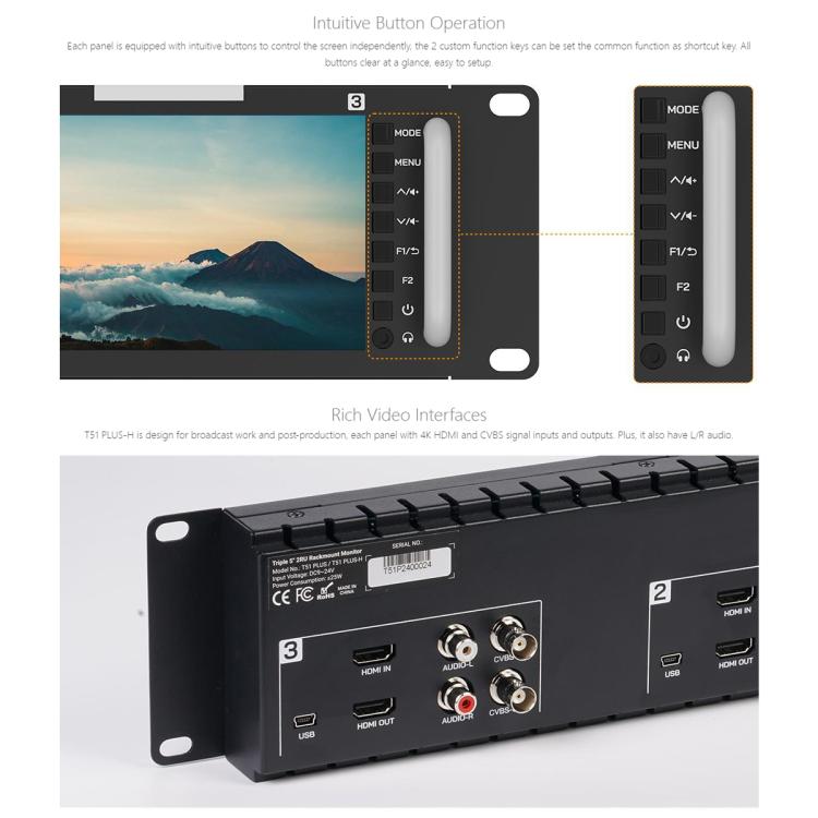 FEELWORLD T51 PLUS-H Triple 5.5 inch 2RU Rackmount Monitor Full HD 4K HDMI SDI AV Monitor (EU Plug)