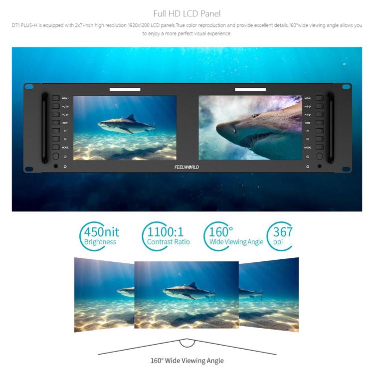FEELWORLD D71 PLUS-H Moniteur double 7 pouces 3RU montable en rack 4K HDMI 1920 x 1200 IPS (prise britannique)