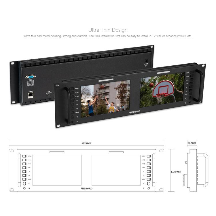 FEELWORLD D71 PLUS-H Moniteur double 7 pouces 3RU montable en rack 4K HDMI 1920 x 1200 IPS (prise britannique)