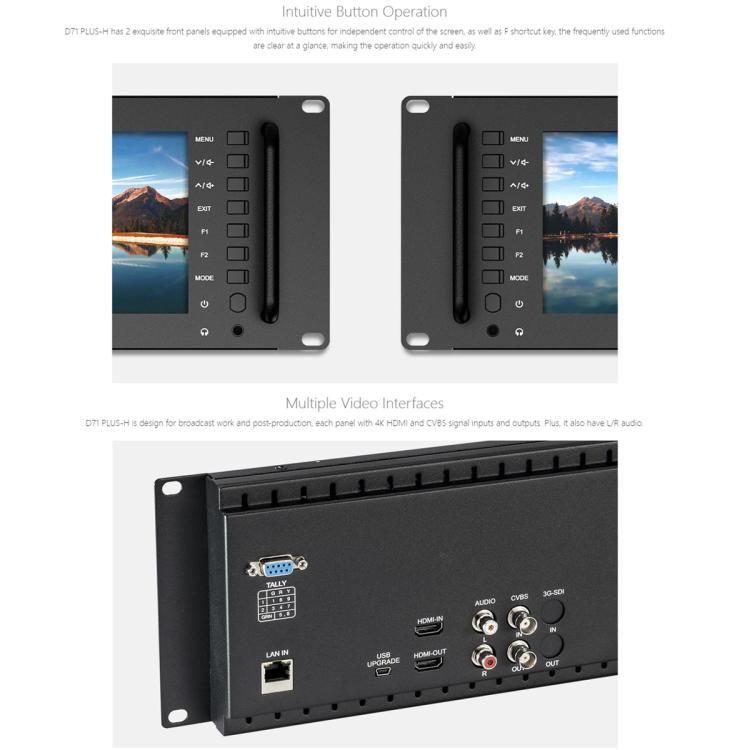 FEELWORLD D71 PLUS-H Moniteur double 7 pouces 3RU montable en rack 4K HDMI 1920 x 1200 IPS (prise britannique)