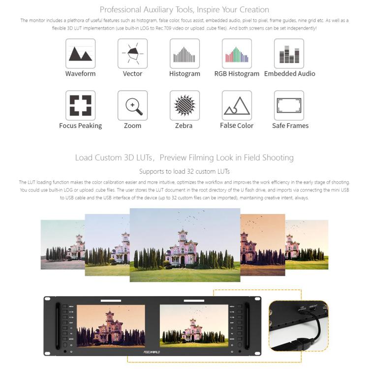 FEELWORLD D71 PLUS-H Moniteur double 7 pouces 3RU montable en rack 4K HDMI 1920 x 1200 IPS (prise britannique)