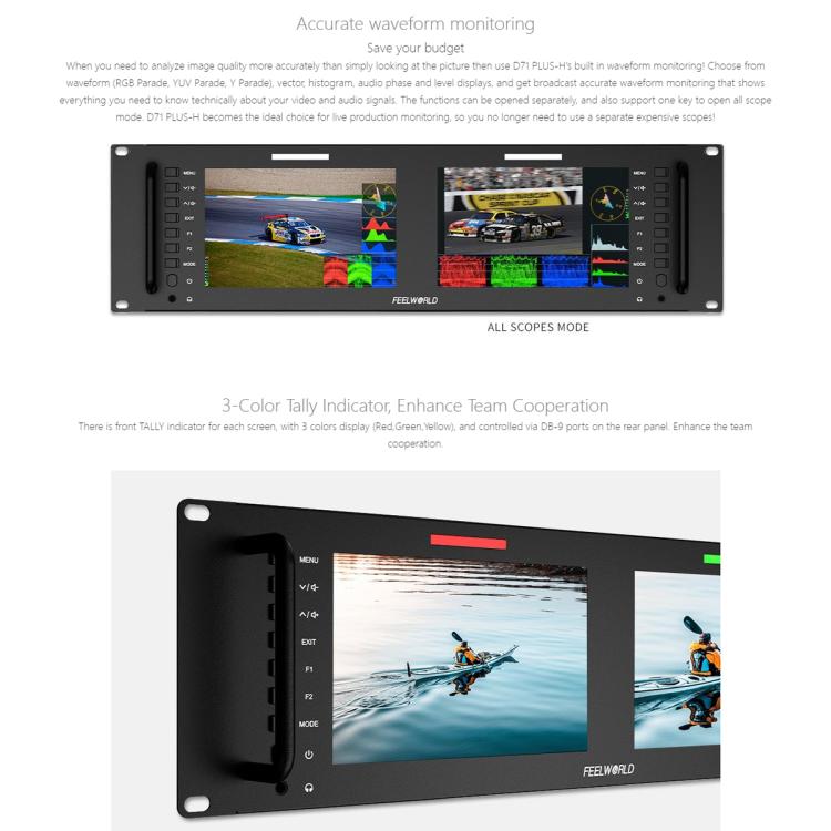 FEELWORLD D71 PLUS-H Dual 7 inch 3RU Rackmount Monitor 4K HDMI 1920 x 1200 IPS Monitor (EU Plug)