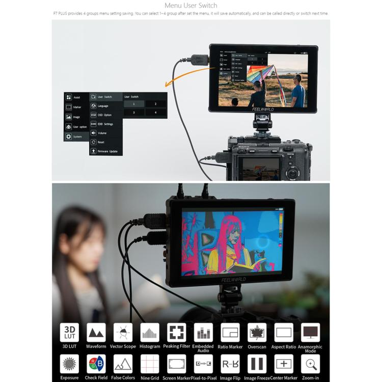 FEELWORLD F7 PLUS 7 inch DSLR Camera Field Monitor Touch Screen 4K HDMI High Brightness 1200nit Monitor (Black)