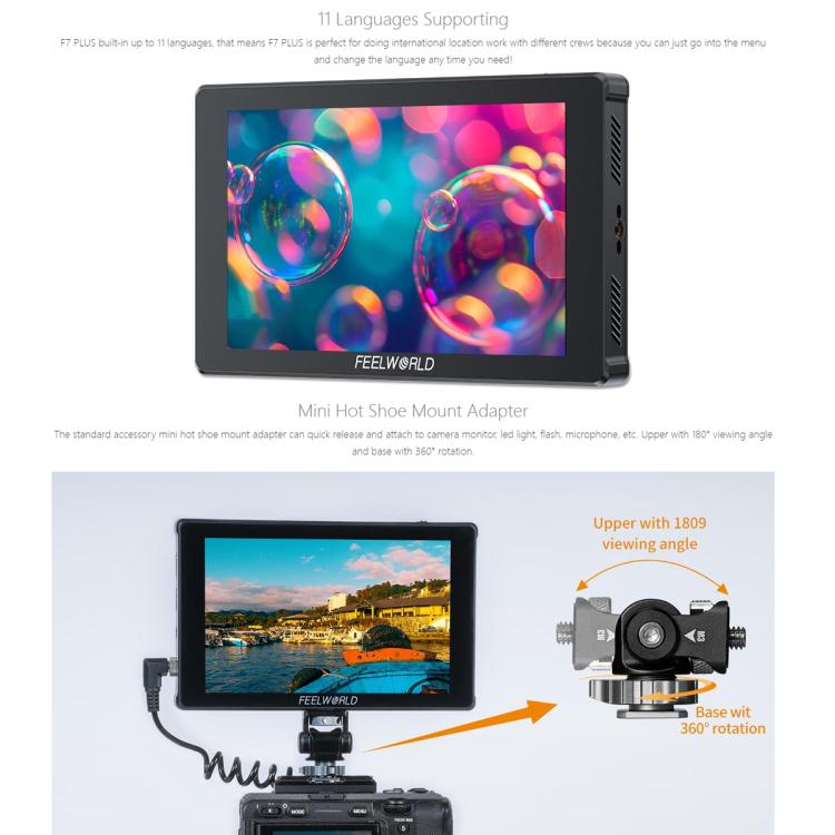 FEELWORLD F7 PLUS 7 inch DSLR Camera Field Monitor Touch Screen 4K HDMI High Brightness 1200nit Monitor (Black)