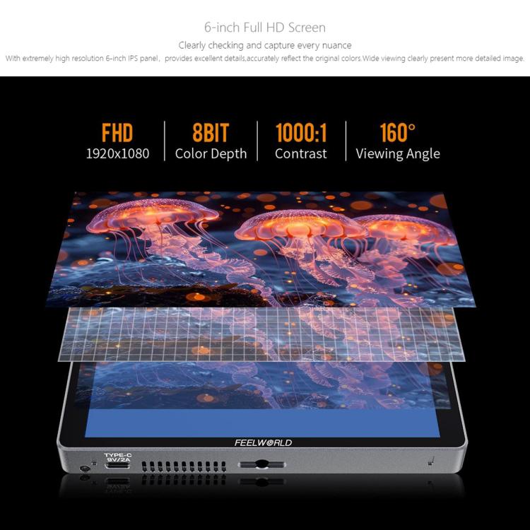 FEELWORLD P6XL 6.0 inch Aluminium Built-in Battery DSLR Camera Field Monitor Touch Screen 4K HDMI High Brightness 1200nit Monitor (Black)