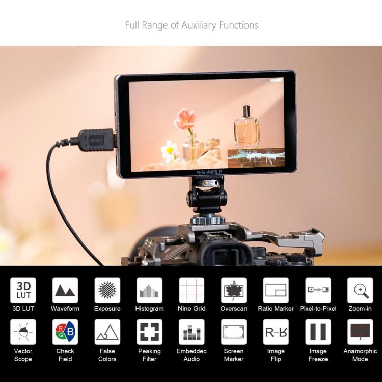 FEELWORLD P6XL 6.0 inch Aluminium Built-in Battery DSLR Camera Field Monitor Touch Screen 4K HDMI High Brightness 1200nit Monitor (Black)