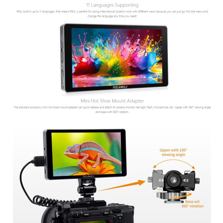 FEELWORLD P6XL 6.0 inch Aluminium Built-in Battery DSLR Camera Field Monitor Touch Screen 4K HDMI High Brightness 1200nit Monitor (Black)