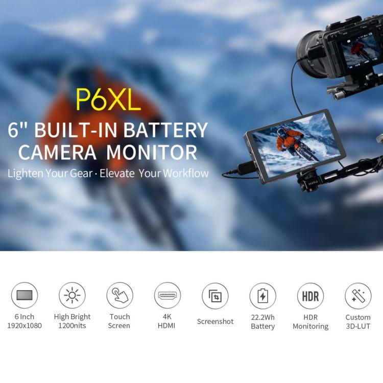 FEELWORLD P6XL 6.0 inch Aluminium Built-in Battery DSLR Camera Field Monitor Touch Screen 4K HDMI High Brightness 1200nit Monitor (Black)