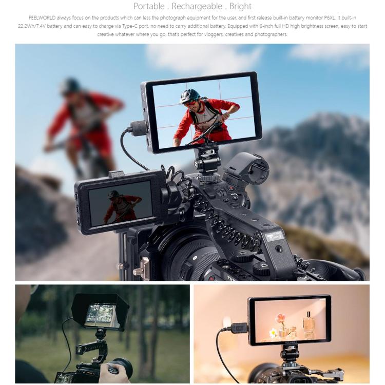 FEELWORLD P6XL 6.0 inch Aluminium Built-in Battery DSLR Camera Field Monitor Touch Screen 4K HDMI High Brightness 1200nit Monitor (Black)