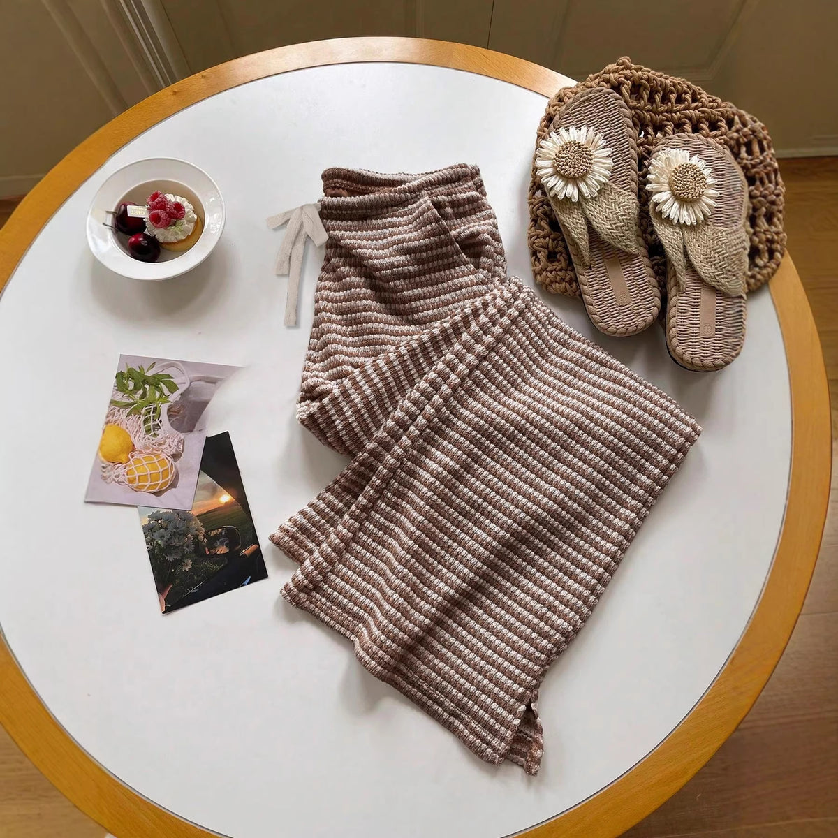 Loose striped drawstring waistband pocket casual pants