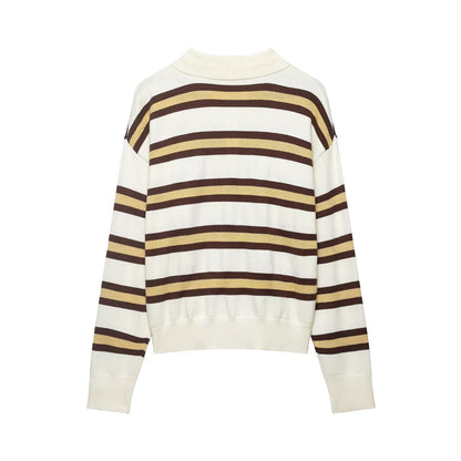 Loose contrasting striped polo shirt collar pullover knit sweater