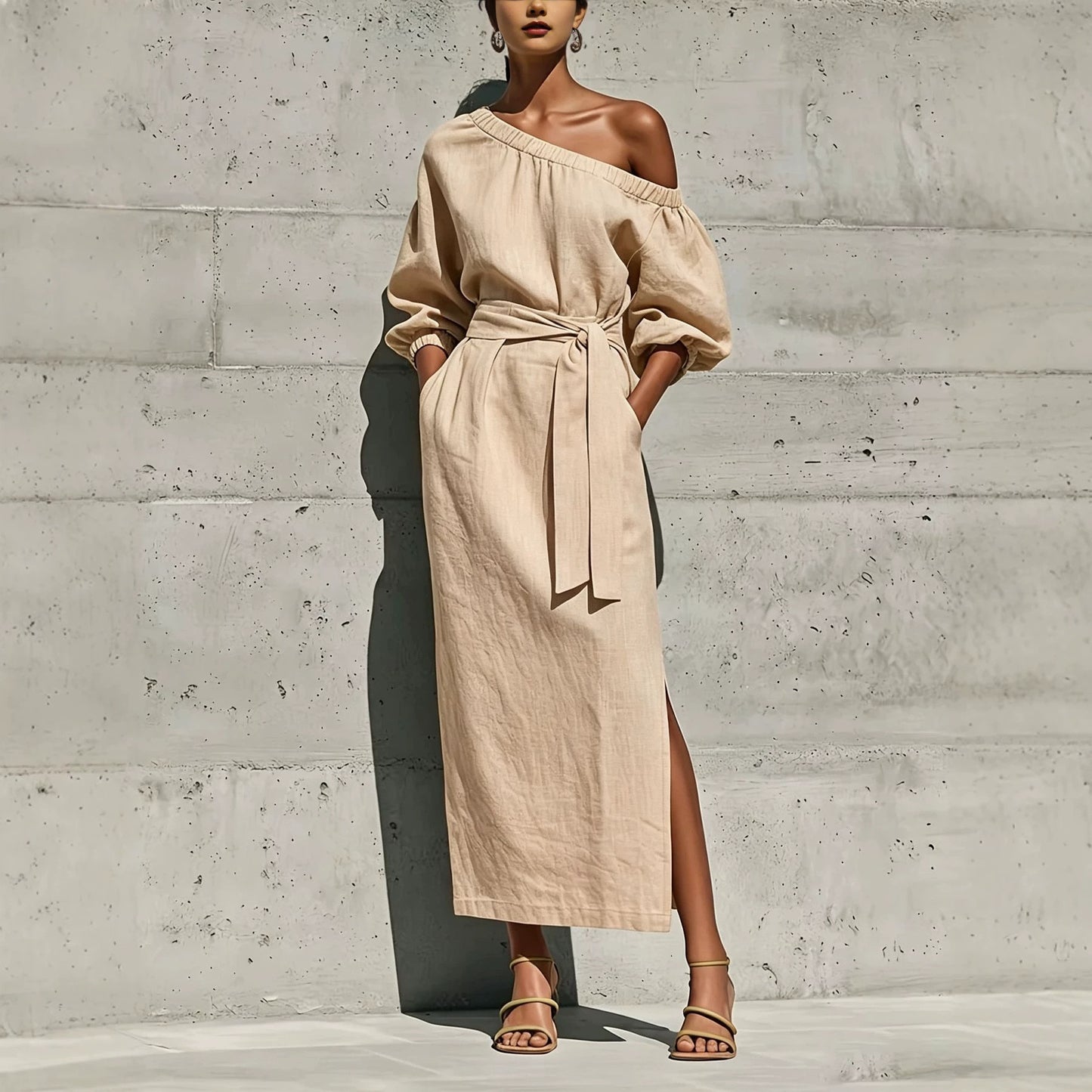 Fashionable Elegant Loose Linen Off-Shoulder Side Slit Dress with Belt