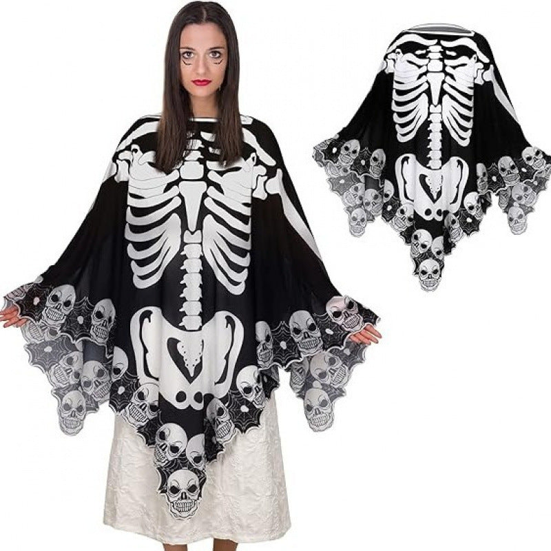 Halloween Party Costume Lace Skull Cape Day of the Dead Women's Cloak Digital Print Bone Skeleton Shawl