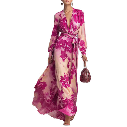 Printed Chiffon Long Sleeve V-Neck Tie-Up Dress