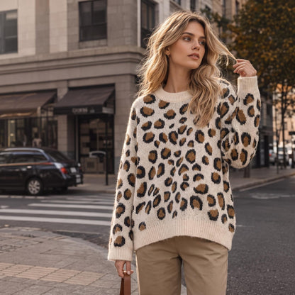 Leopard print round neck long sleeved sweater