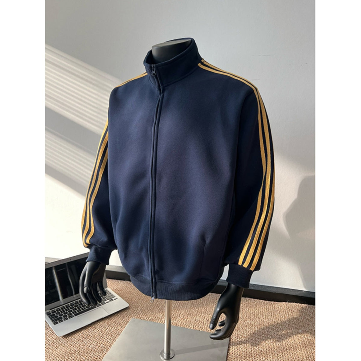 Men's Striped Long Sleeve Zip-up Stand Collar Jacket